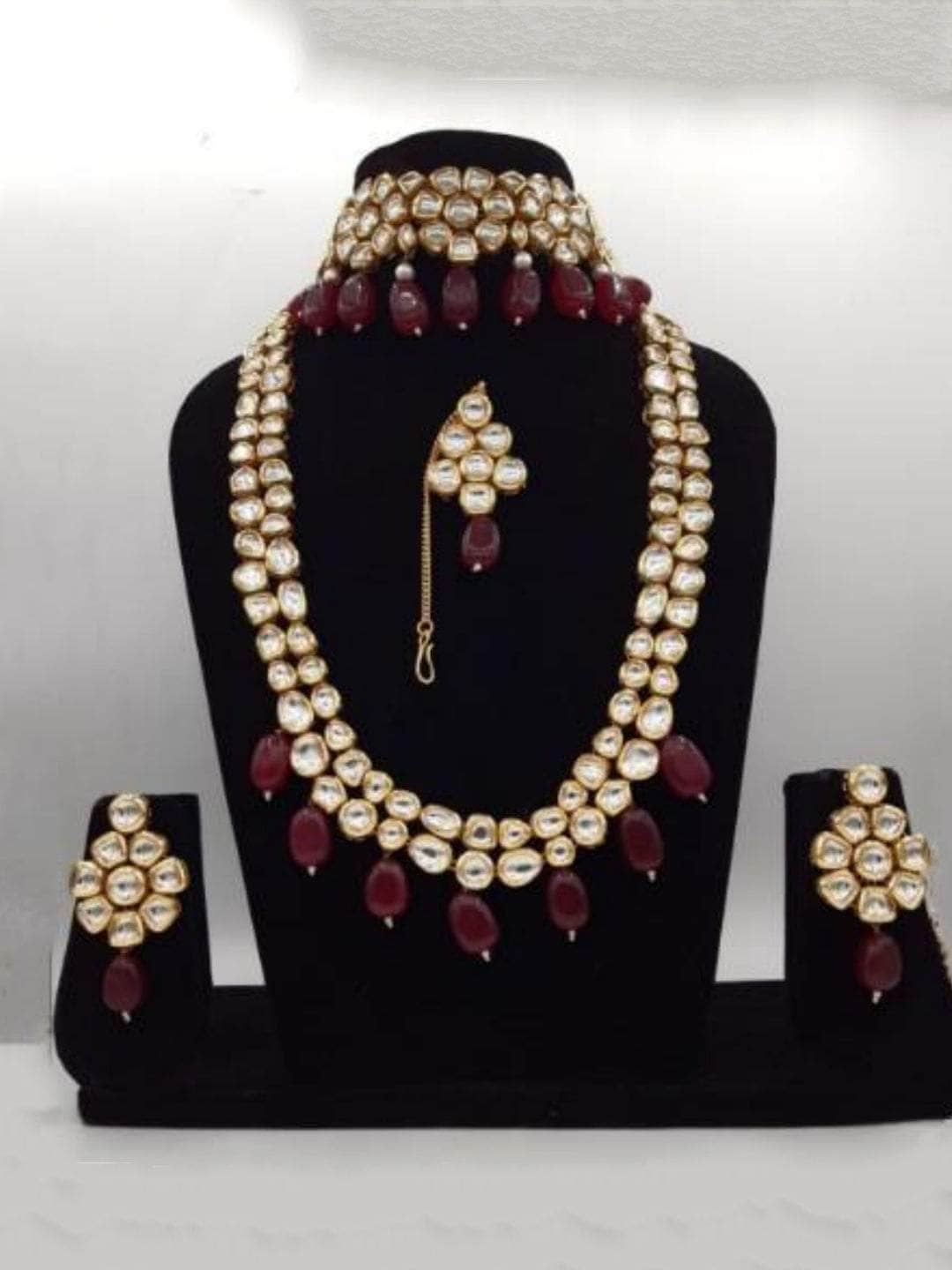Ishhaara Maroon Abstract Kundan Long Short Necklace Set