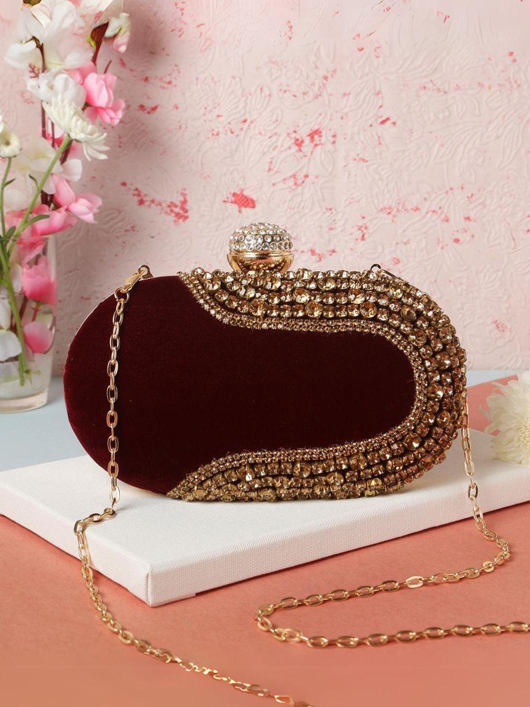 Ishhaara Maroon Crystal Embroidery Oval Clutches