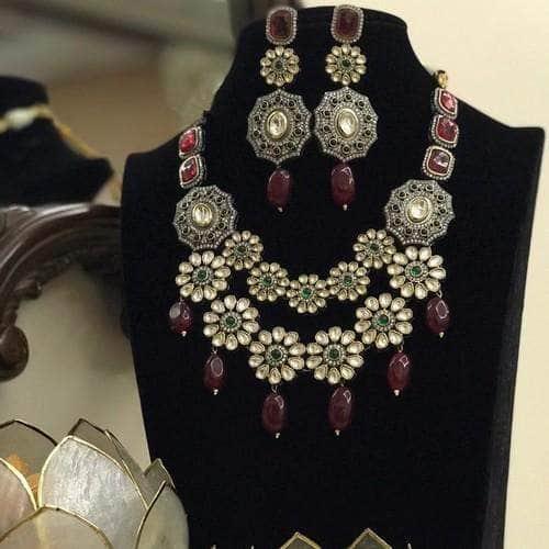 Ishhaara Double Layered Flower Motif Victorian Necklace Set