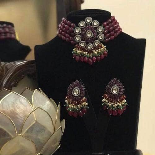 Ishhaara Maroon Drop Stone Multi Bead Choker Necklace Set