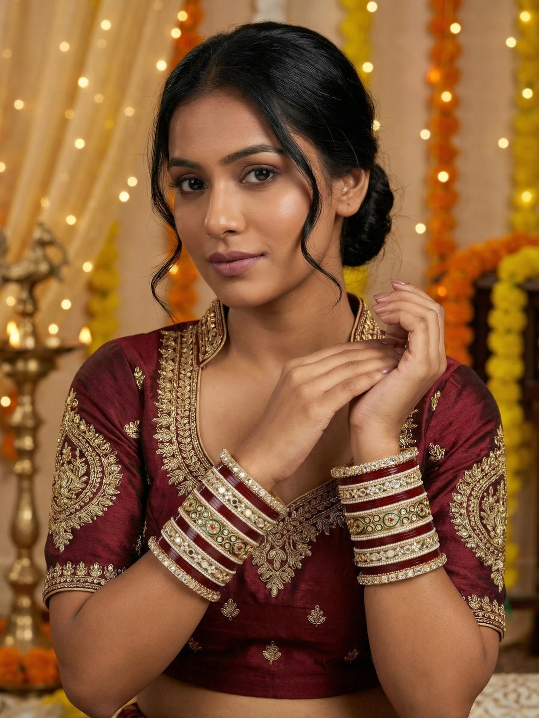 Ishhaara Maroon Embroidered Blouse - A woman wearing a maroon blouse with gold embroidery