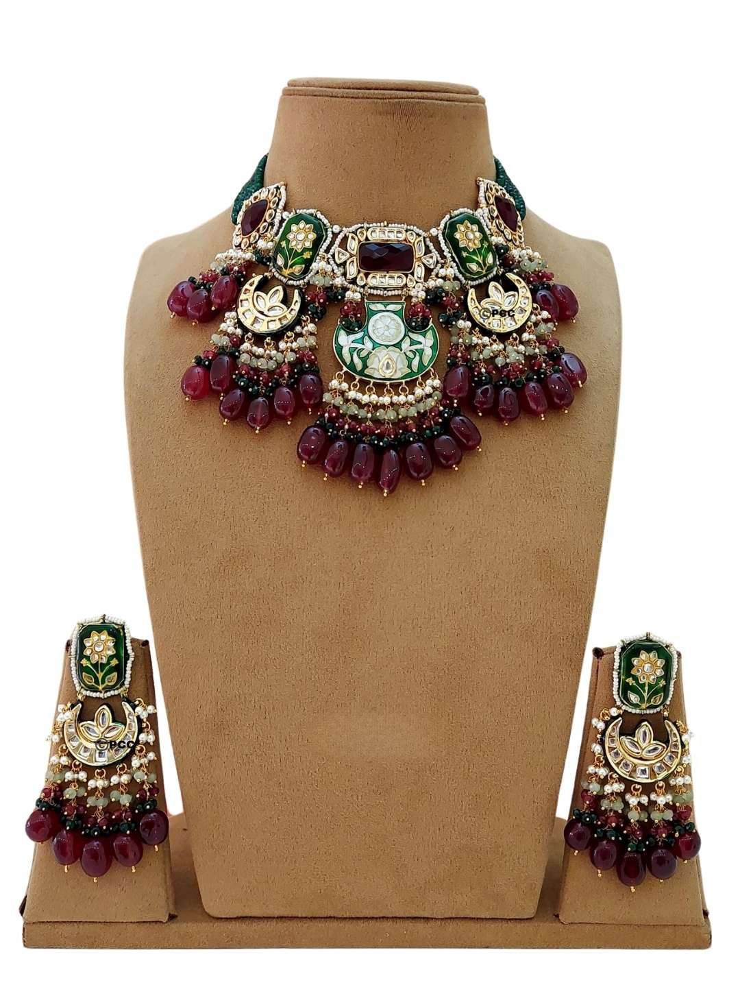 Ishhaara Maroon Gold Finish Semiprecious Stone Meenakari Necklace Set