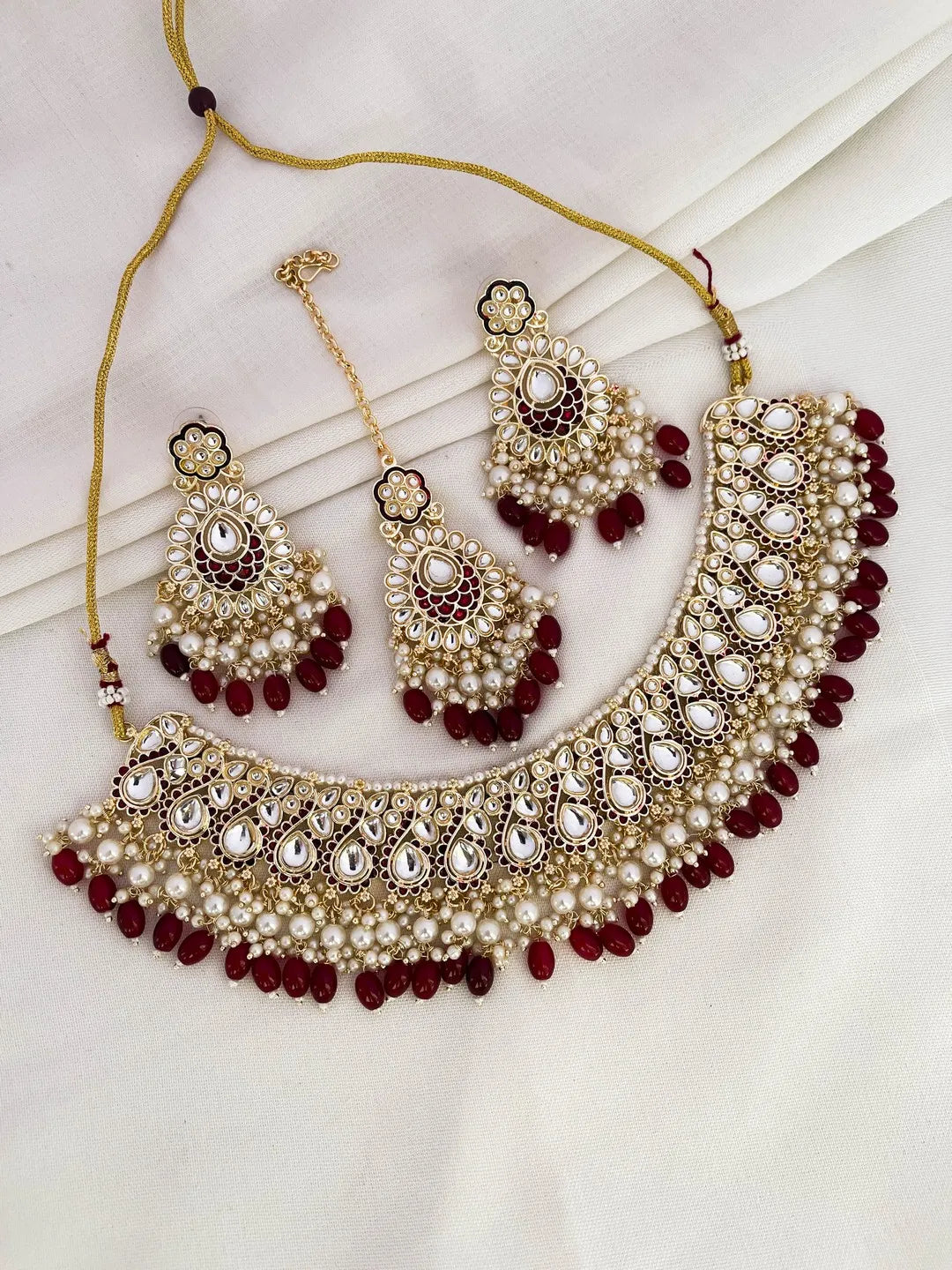 Ishhaara Maroon Gold Plated Traditional Kundan Pearl Choker Necklace
