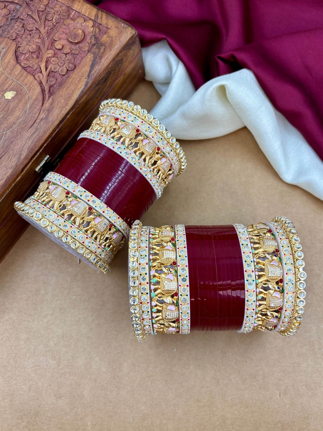 Ishhaara Maroon Kundan Bangles with Elephant Design - traditional Indian jewelry - view 4