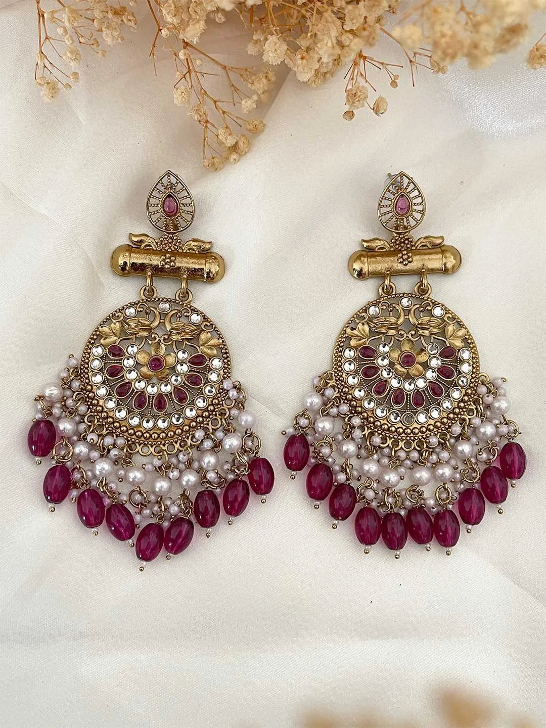 Ishhaara Maroon Kundan Long Designer Chandbali Earrings