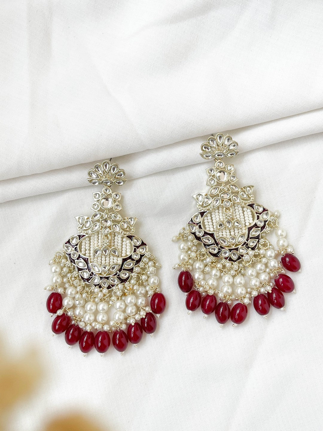 Ishhaara Maroon Kundan Polki And Pearl Drop Chandbaali Earrings