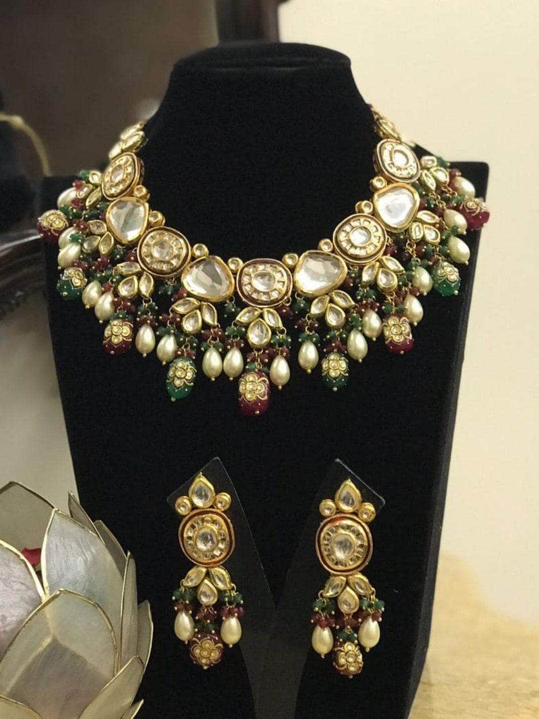Ishhaara Maroon Kundan With Meena Design Necklace Set