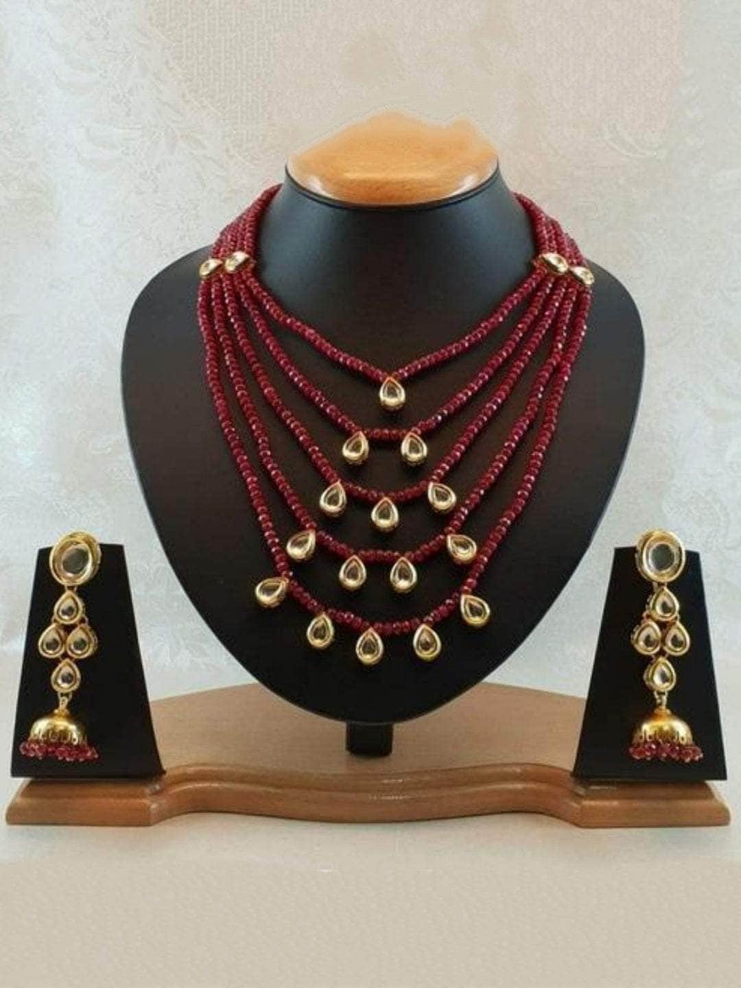 Ishhaara Maroon Layered Beaded Necklace Kundan Hanging