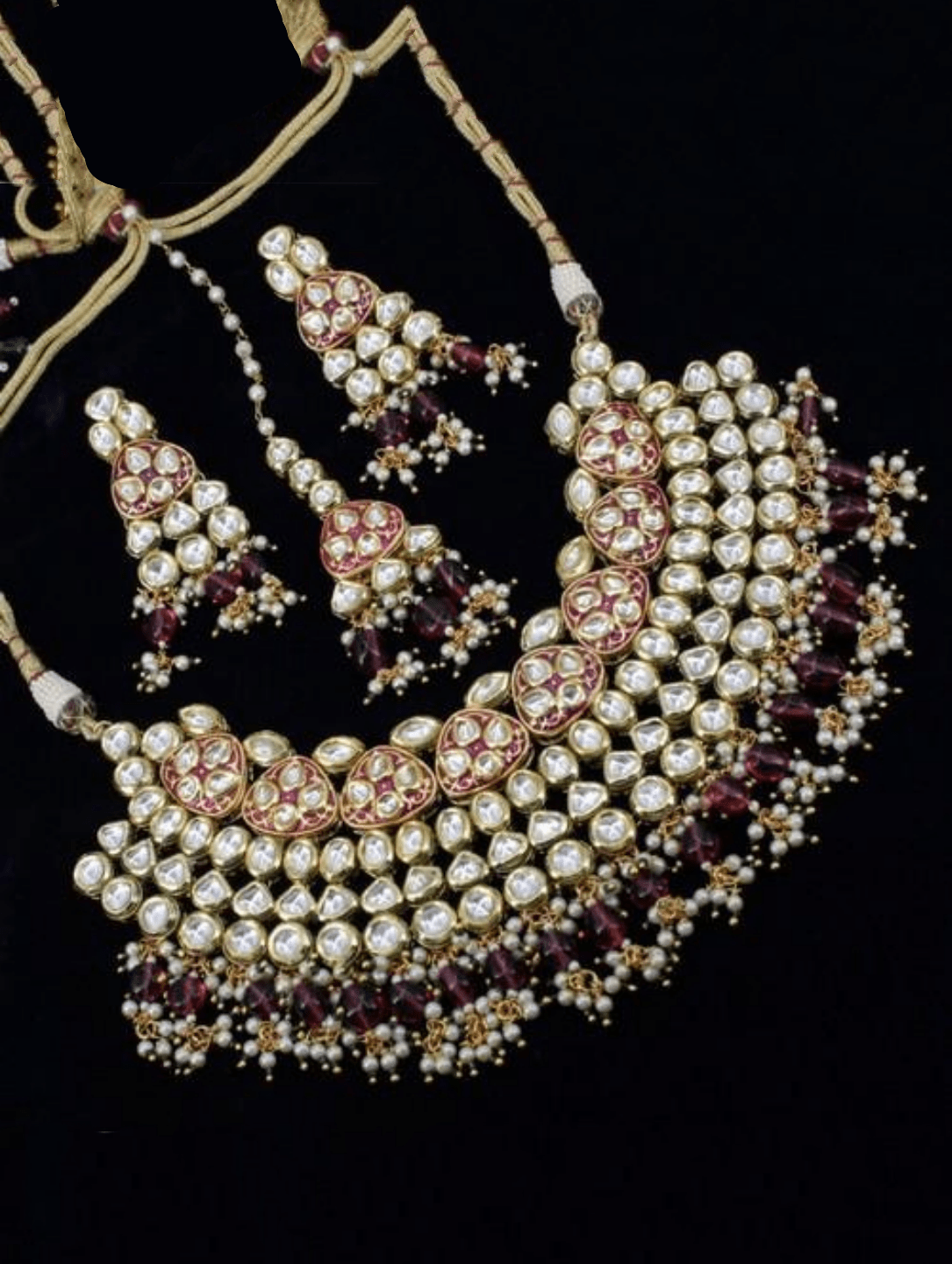 Ishhaara Maroon Meena Kundan Necklace Set With Teeka