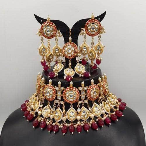Ishhaara Maroon Meena Round Jadau Choker Necklace Set