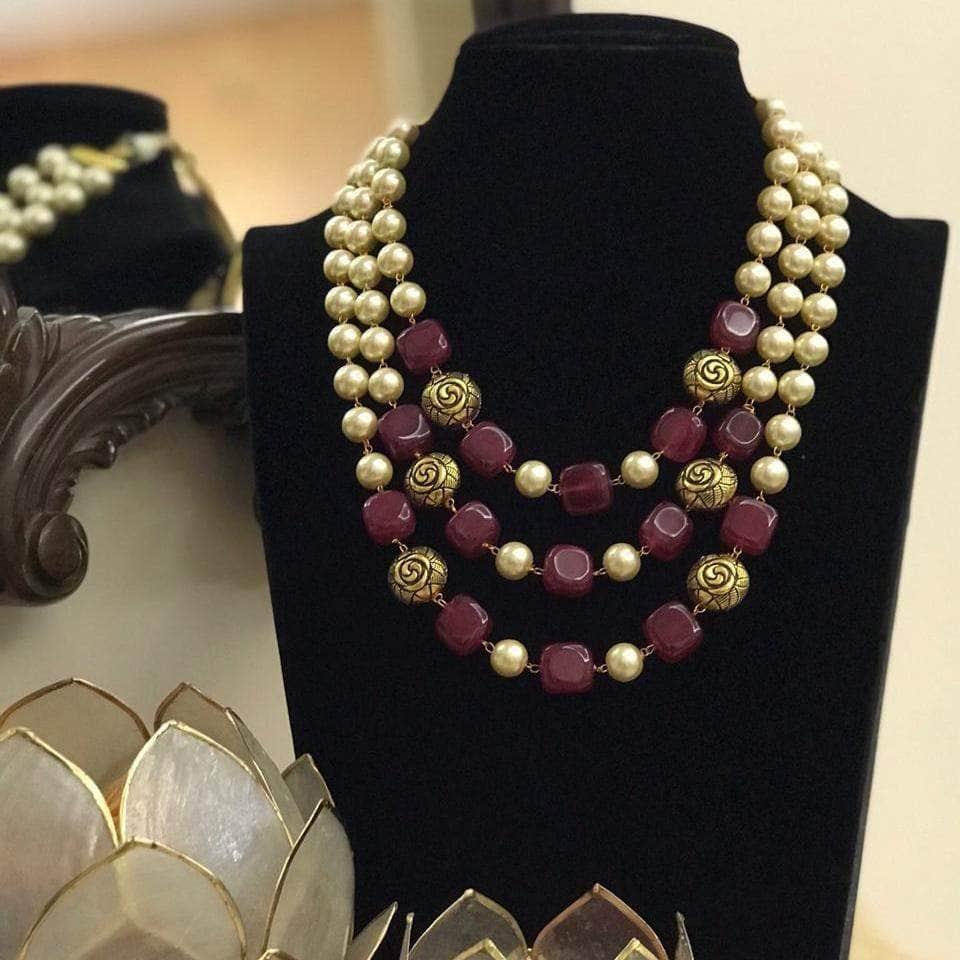 Ishhaara Moti Triple Layered Precious Stone Necklace