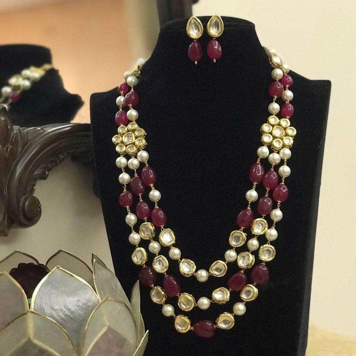 Ishhaara Maroon Multi Colored Triple Layered Necklace