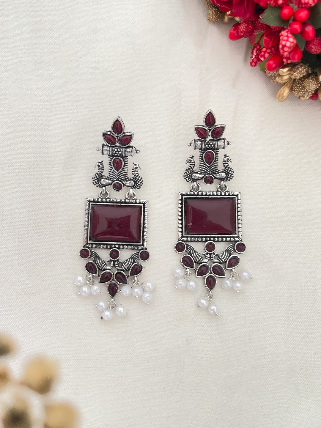 Ishhaara Maroon Peacock Silver Oxidised Earring