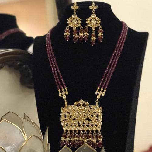 Ishhaara Maroon Rectangular Kundan Pendant Necklace