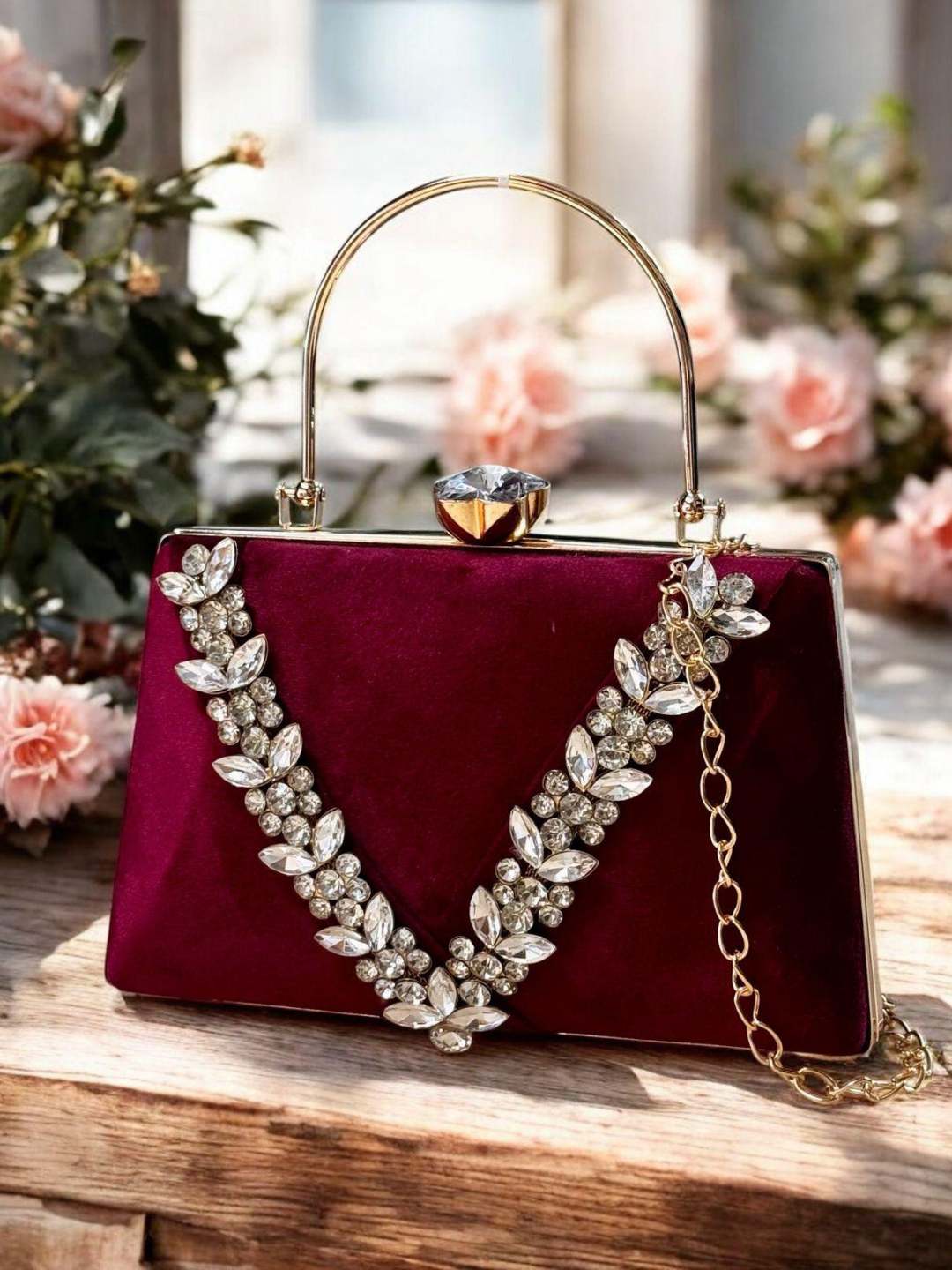 Ishhaara Pink Stone Embellished Velvet Box Clutch
