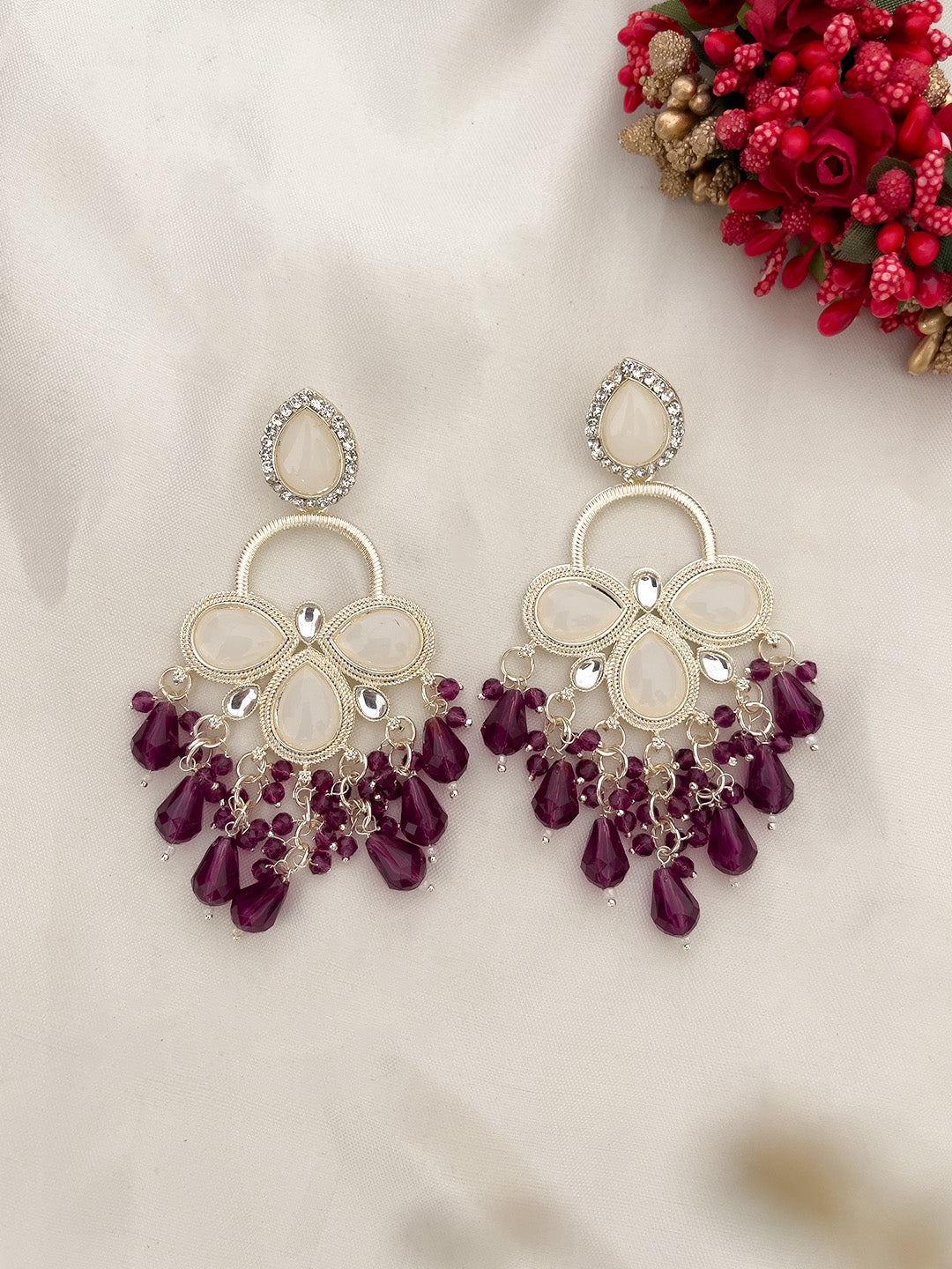 Ishhaara Maroon White Gold Plated Kundan Classic Drop Earrings