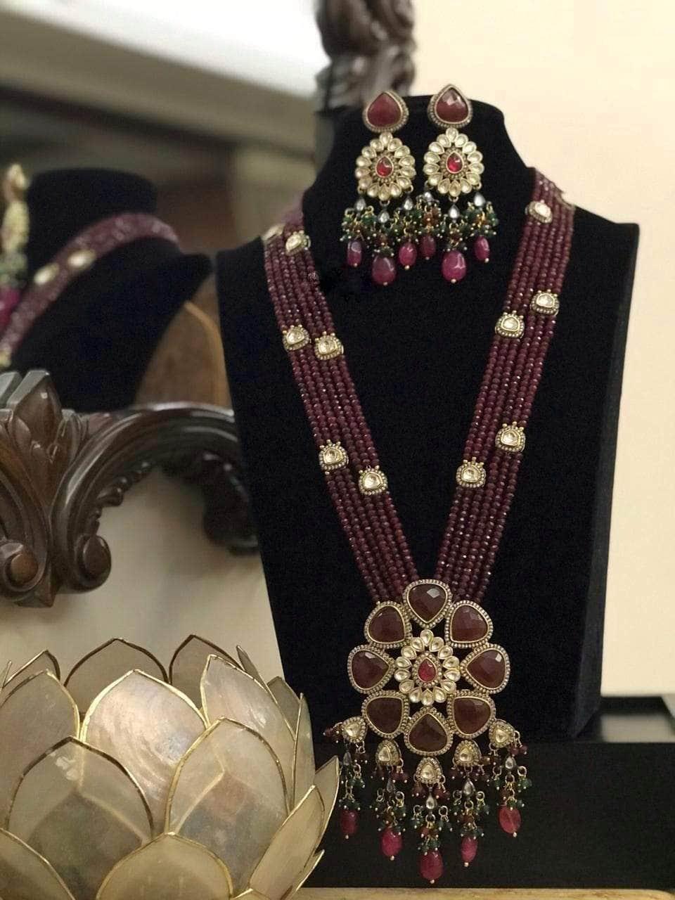 Ishhaara Marroon Big Precious Stone Pendant Long Necklace