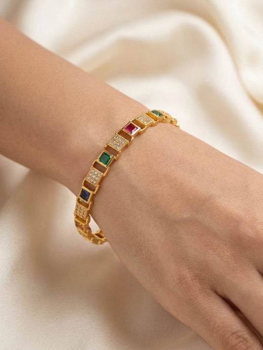 Ishhaara Matte Finish Cz Navaratna Block Stone Bangles