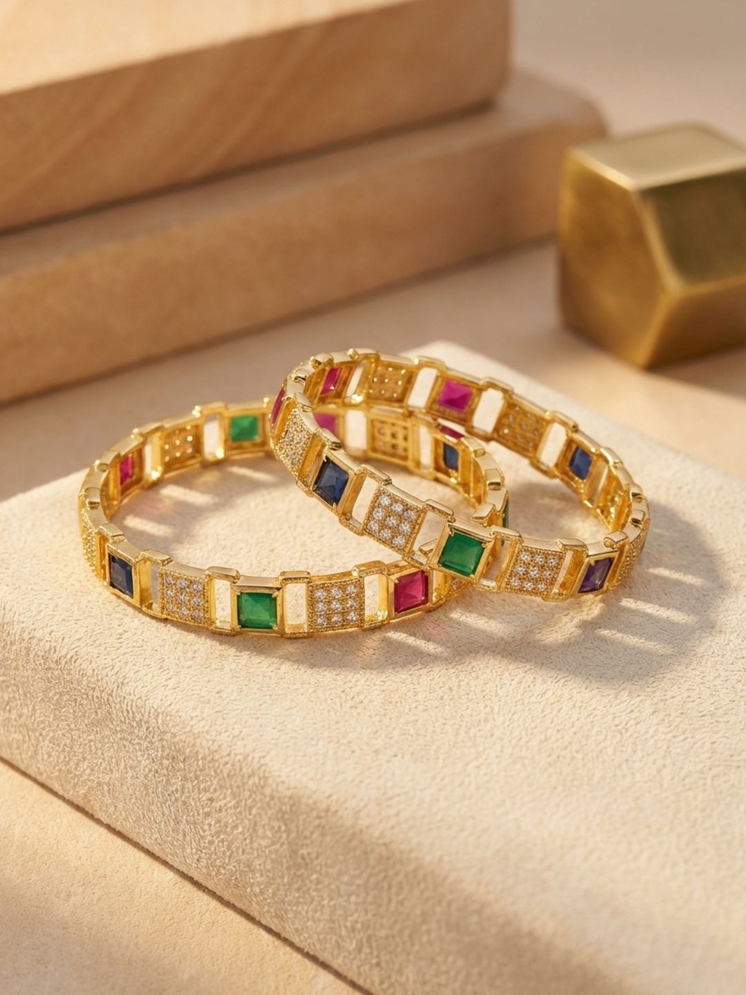 Ishhaara Matte Finish Cz Navaratna Block Stone Bangles