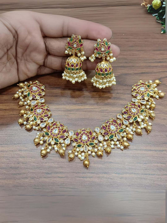 Ishhaara Matte Finish Lotus Shaped Stone Necklace