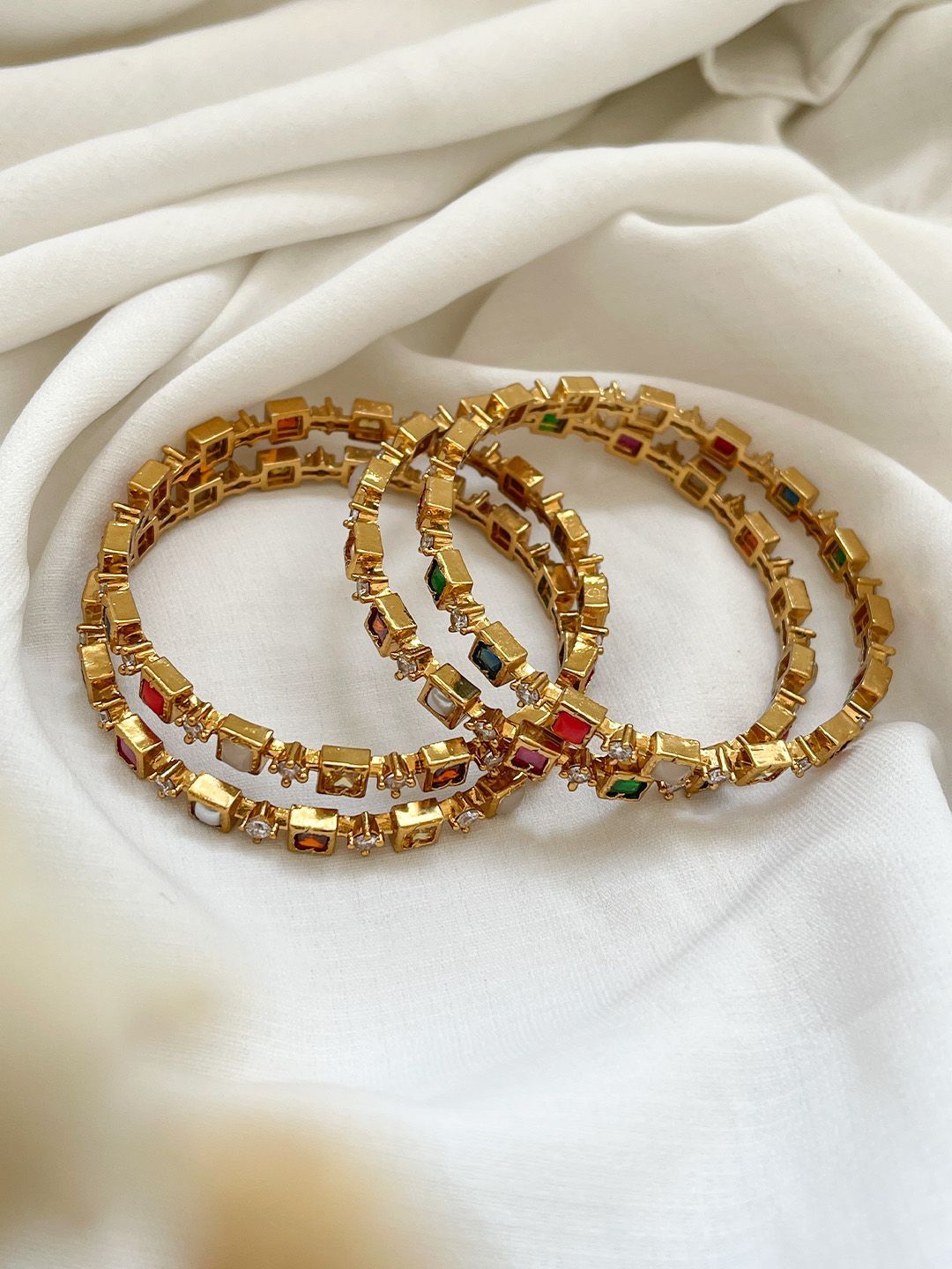 Ishhaara Matte Finish Navarathna Block Stone Set Of 4 Bangles