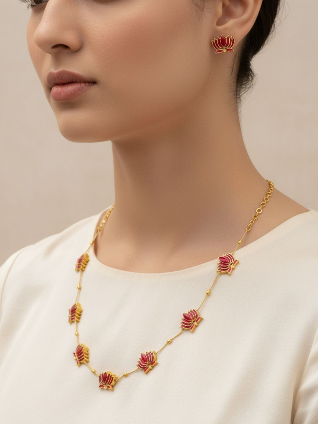 Ishhaara Matte Finish Pink Lotus Enamel Necklace