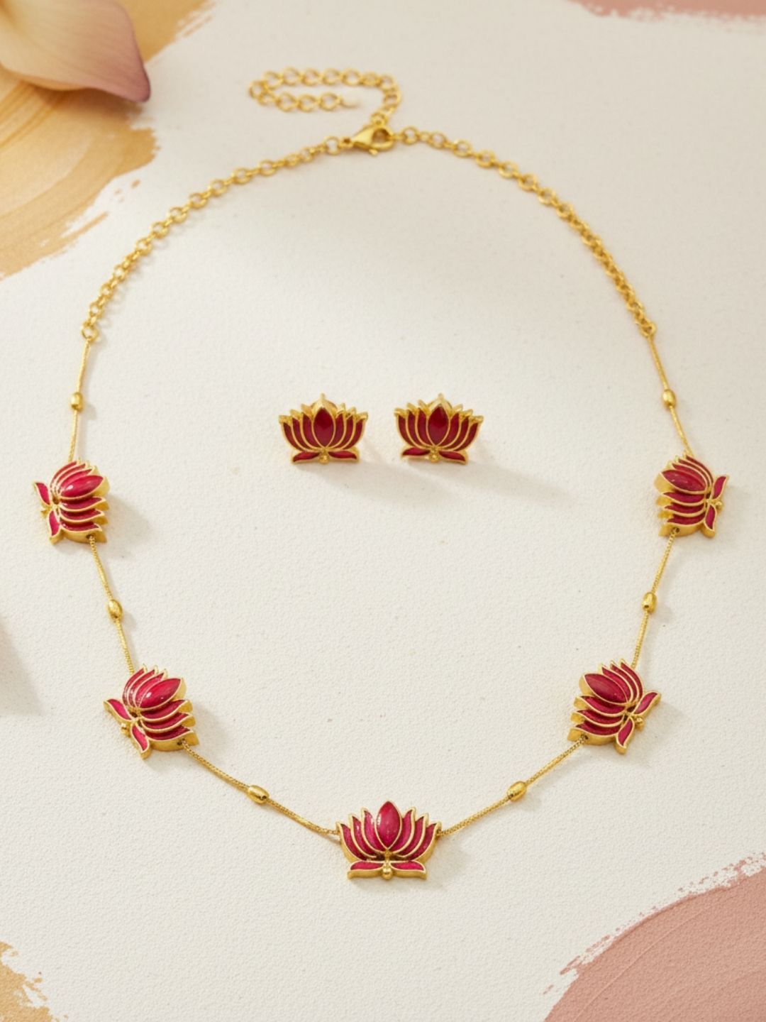 Ishhaara Matte Finish Pink Lotus Enamel Necklace