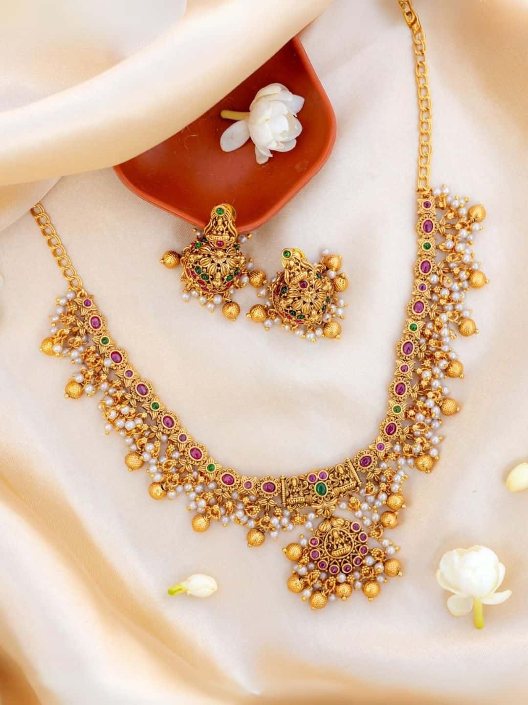 Ishhaara Matte Finish Ruby-Emerald-White Lakshmi Gutta Pusalu Choker