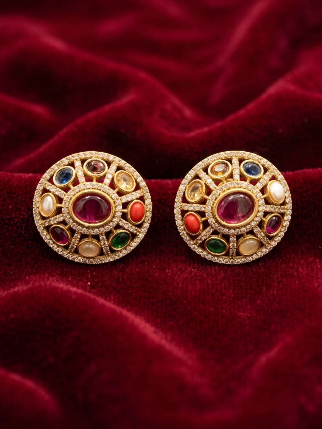 Ishhaara Matte Gold Navaratna Dome Stud Earrings