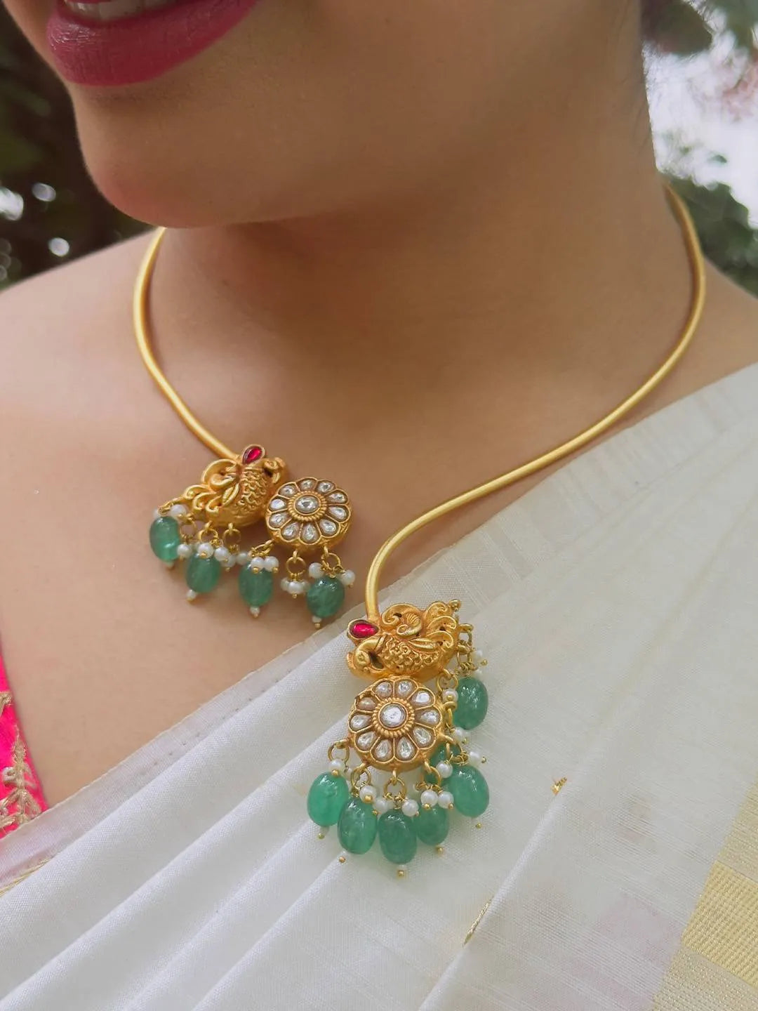 Ishhaara Matte Gold Tone Pink Green Kundan Jadau Peacock Hasli Necklace