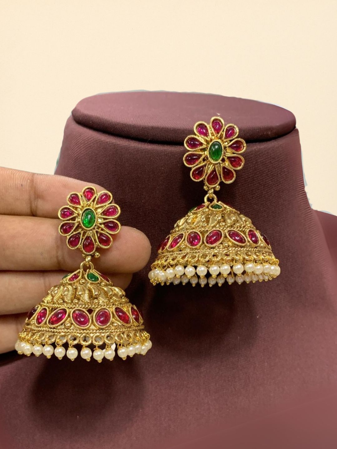 Ishhaara Matte Kemp Flower Pearl Drop Jhumka