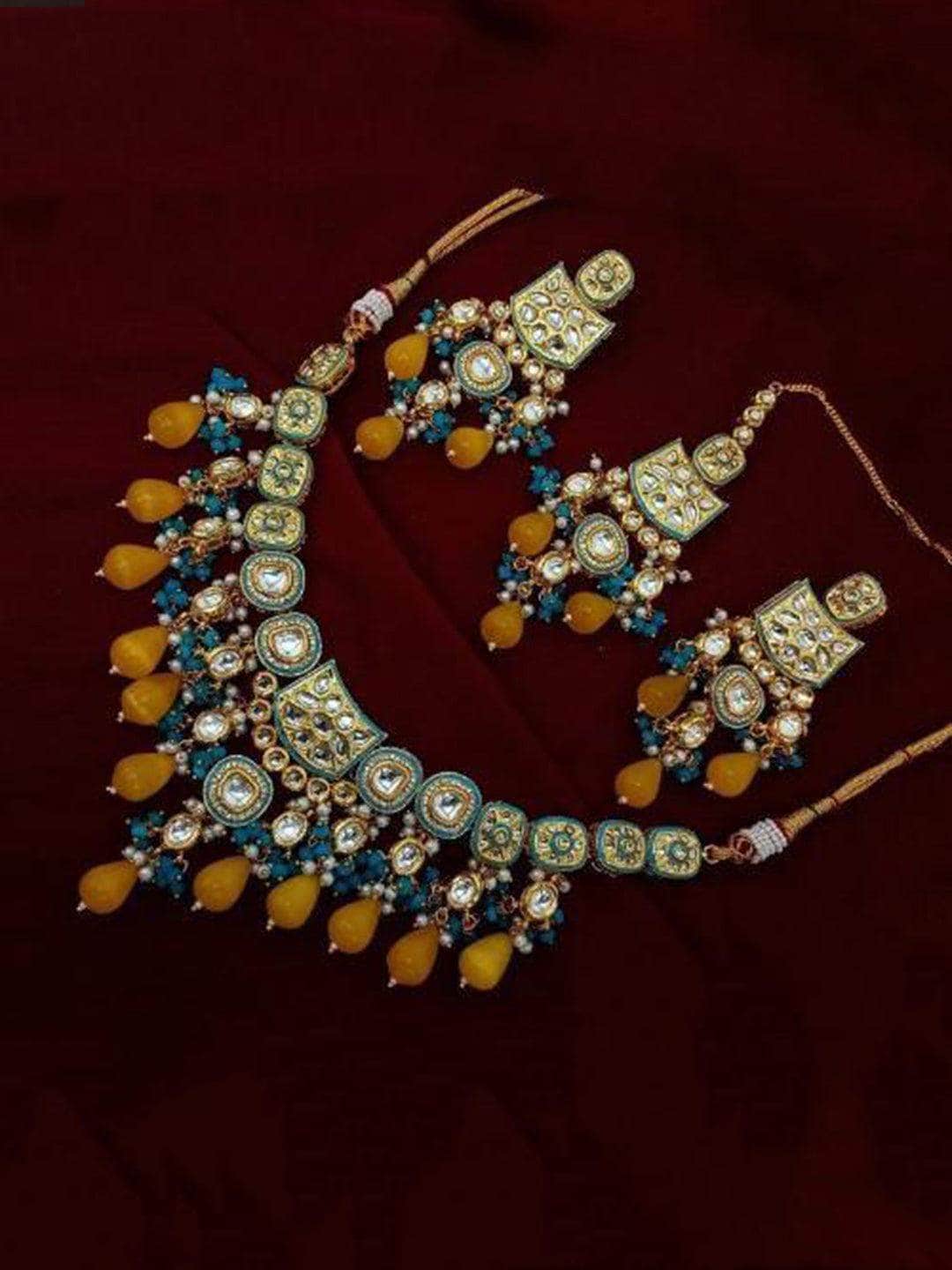 Ishhaara Blue Meena AD Jadau Kundan Necklace Earring And Teeka Set