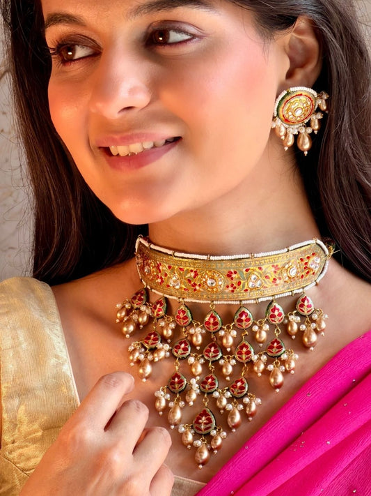 Ishhaara Kundan Meenakari Gold Choker Necklace Set — handcrafted Indian jewellery