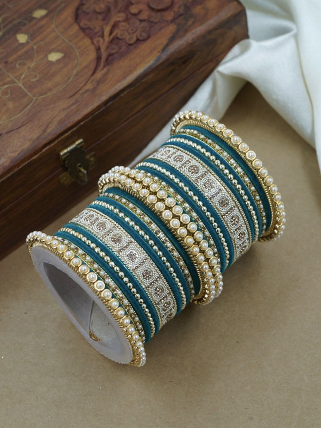 Ishhaara Meenakari Green Velvet Bangle Set — handcrafted Indian jewellery - view 15
