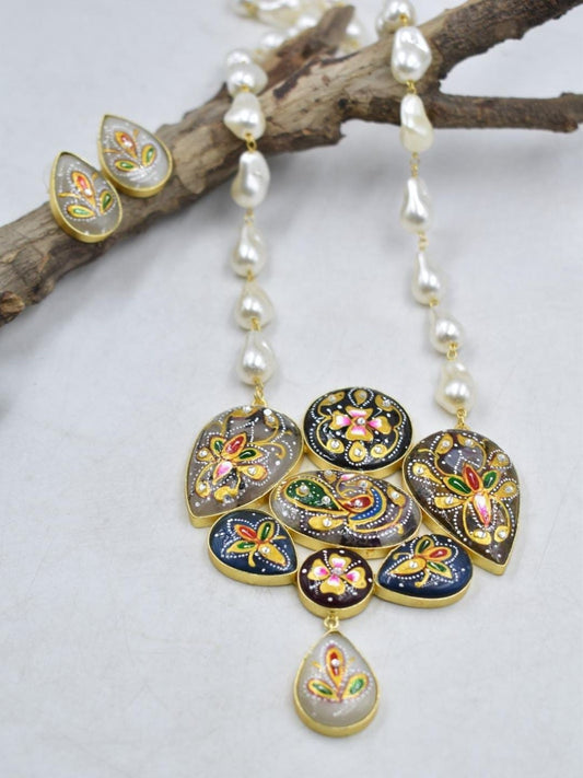 Ishhaara Meenakari Hand Painted Pendant Necklace Set - handcrafted Indian jewellery