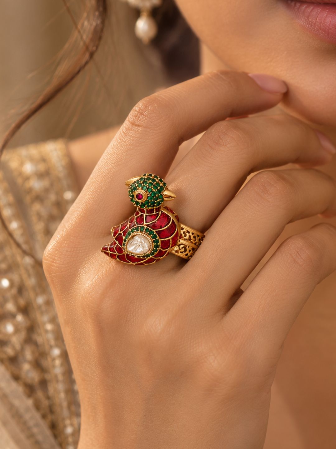 Ishhaara Meenakari Kundan Bird Statement Ring