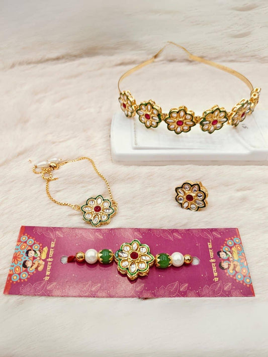 Ishhaara Meenakari Kundan Hairband And Rakhi Combo