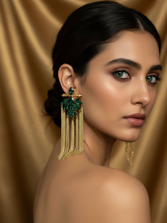 Ishhaara Metal Chain Tassel Rhinestone Earrings