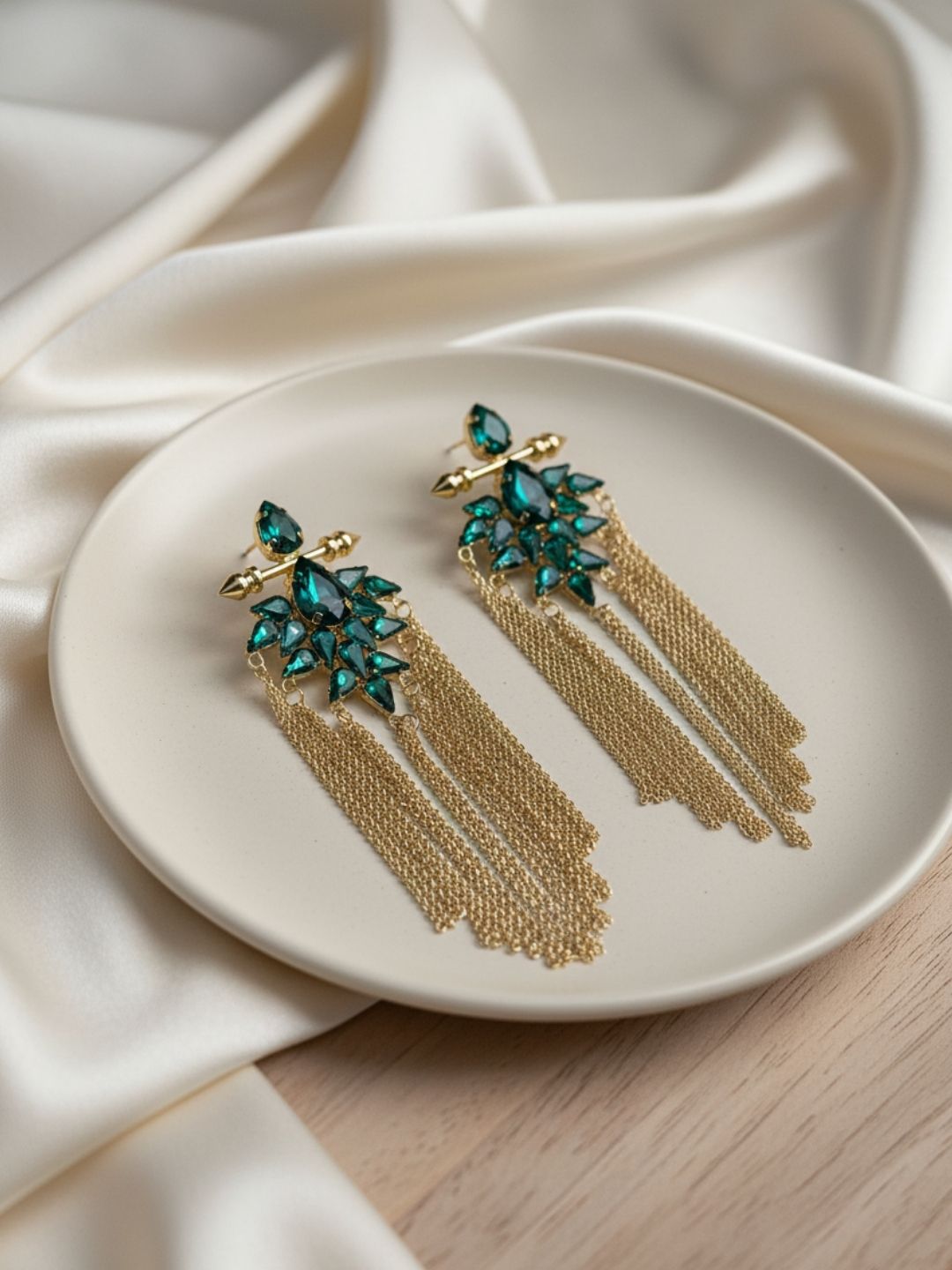 Ishhaara Metal Chain Tassel Rhinestone Earrings