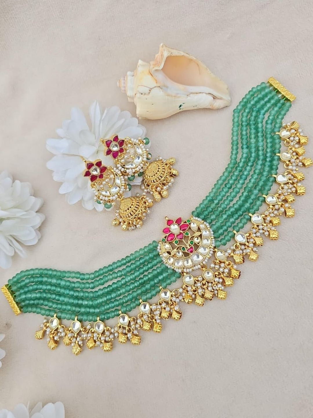 Ishhaara Mint Beaded Kundan Floral Choker & Earring Set