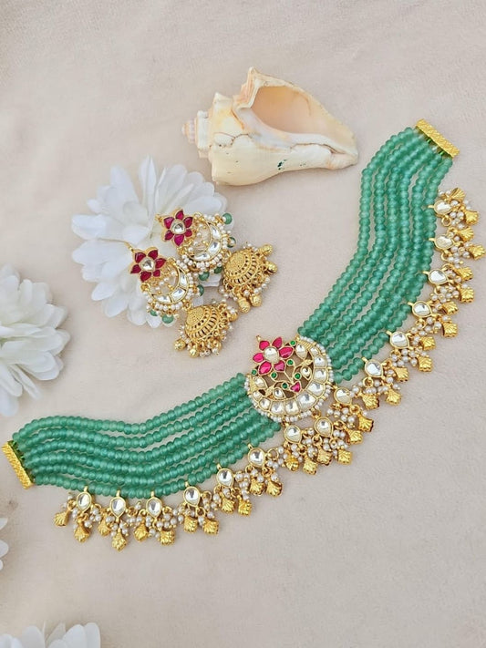 Ishhaara Mint Beaded Kundan Floral Choker & Earring Set