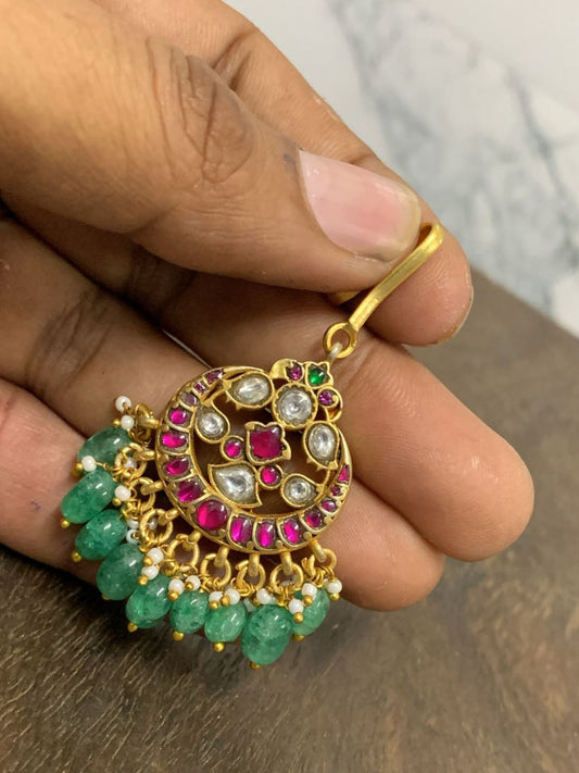 Ishhaara Mint Green Beaded Jadau Teeka