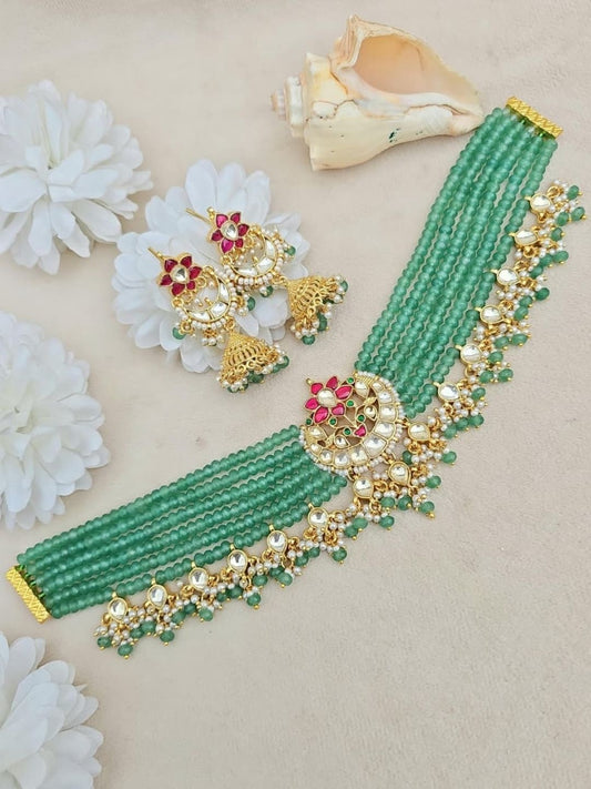 Ishhaara Mint Green Beaded Necklace Set - handcrafted Indian jewellery