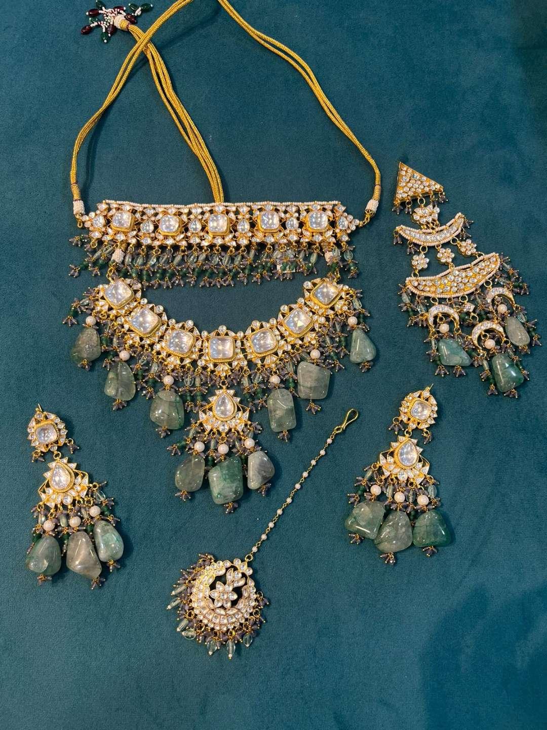 Ishhaara Mint Green Stone Pachi Kundan Studded Full Bridal Jwellery Set