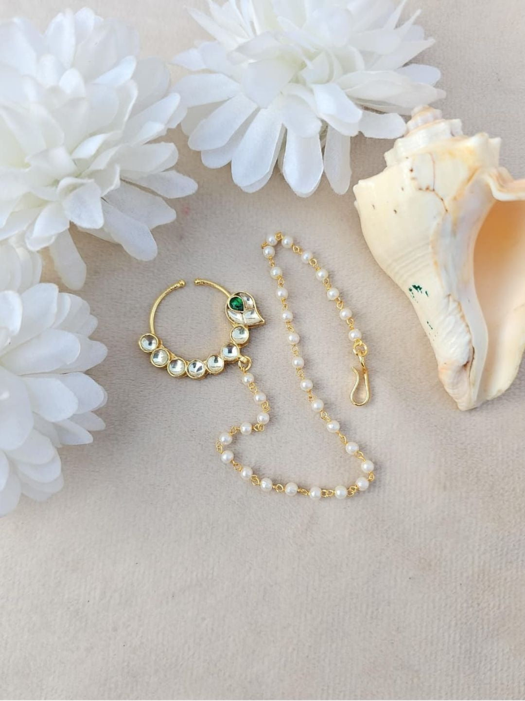 Ishhaara Mint Kundan Nath Pearl Mala Set - handcrafted Indian jewellery
