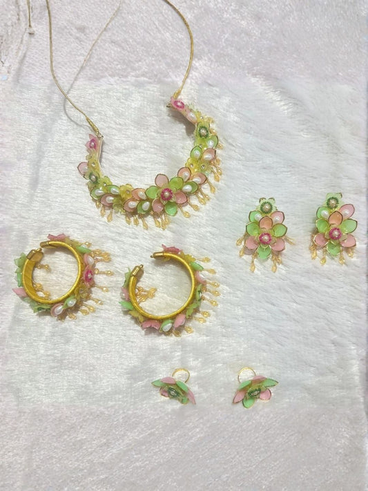 Ishhaara Mint Pink Hoop Necklace Jewelry Set - handcrafted Indian jewellery