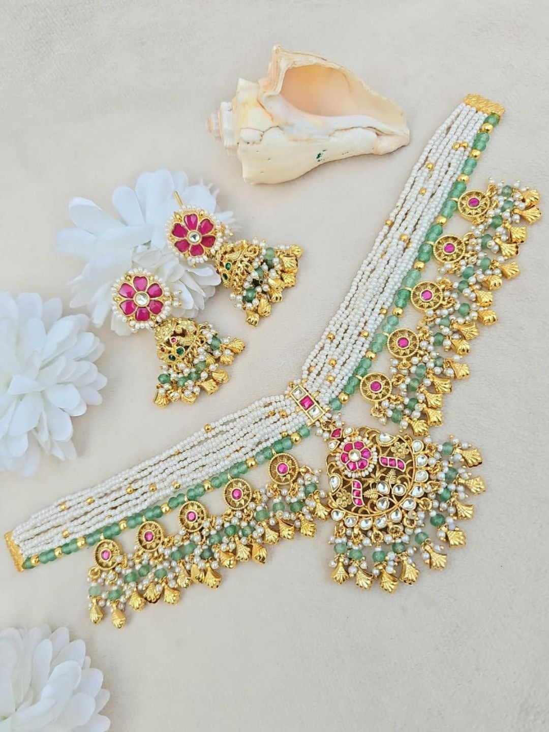 Ishhaara Mint Pink Kundan Choker Necklace Set - handcrafted Indian jewellery