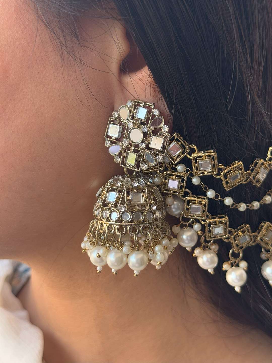 Ishhaara Mirror Studded Jhumkas With Earchain And Teeka