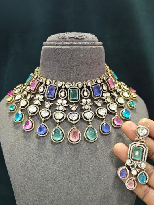 Ishhaara Moissanite And Navratna Choker Necklace Set
