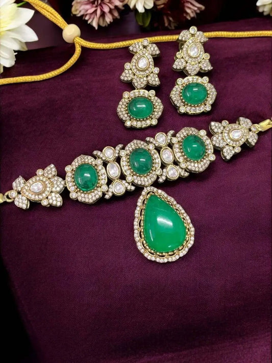 Ishhaara Moissanite Doublet Stones Emerald Choker Set